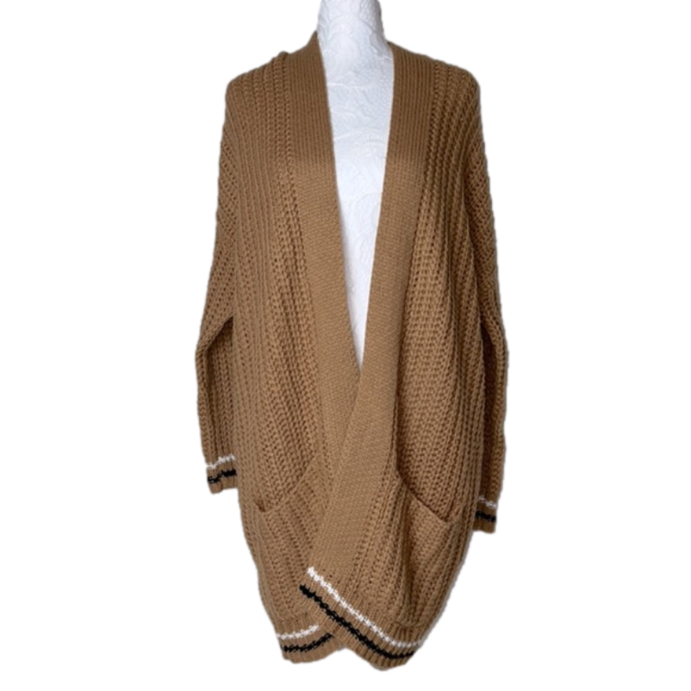 SIENNA SKY Camel Brown Open Front Chunky Knit Cardigan Sweater - Size Large